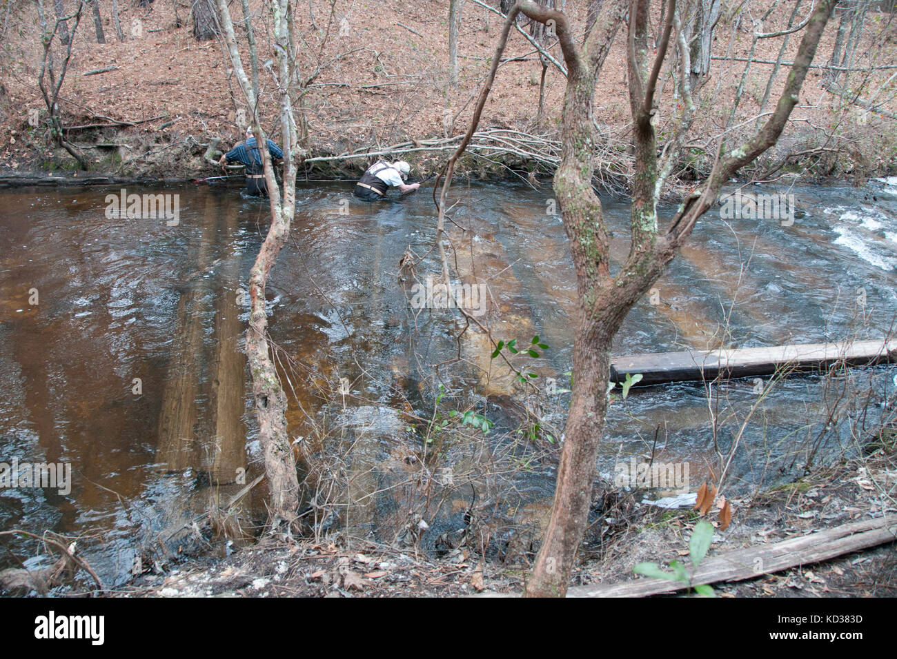 La garde nationale de Caroline du Sud accueille une équipe d'archéologues et les gestionnaires de la conservation comme ils travaillent à mcgrady, centre de formation, eastover, s.c., fév. 2, 2016. Après l'historique des inondations en octobre 2015, l'érosion drastique exposés vieux systèmes de transport et perturbé dans un bois de construction de barrages à noyau creux. james spirek, l'archéologie subaquatique de l'État, décrit les dommages-intérêts à l'ancien barrage à noyau creux. (U.s. Army National Guard photo de 2e lt. tracci dorgan-bandy/libérés) Banque D'Images