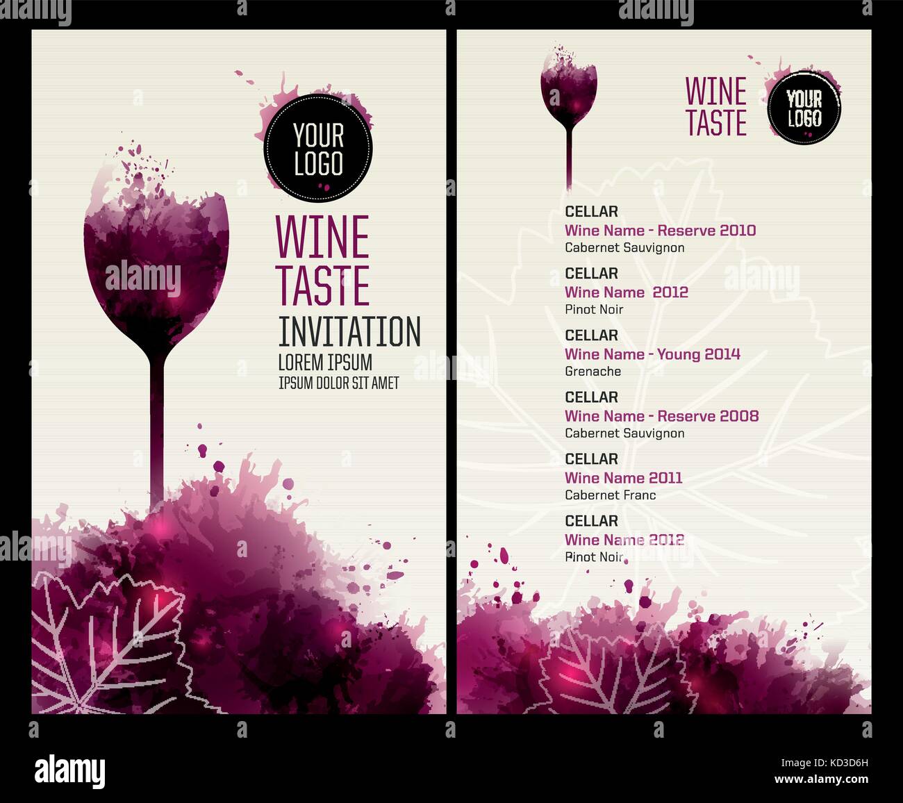 Liste des modèles ou de dégustation de vin. Illustration du verre et la bouteille de vin. Arrière-plan avec les taches de vin.idée pour votre conception. Illustration de Vecteur