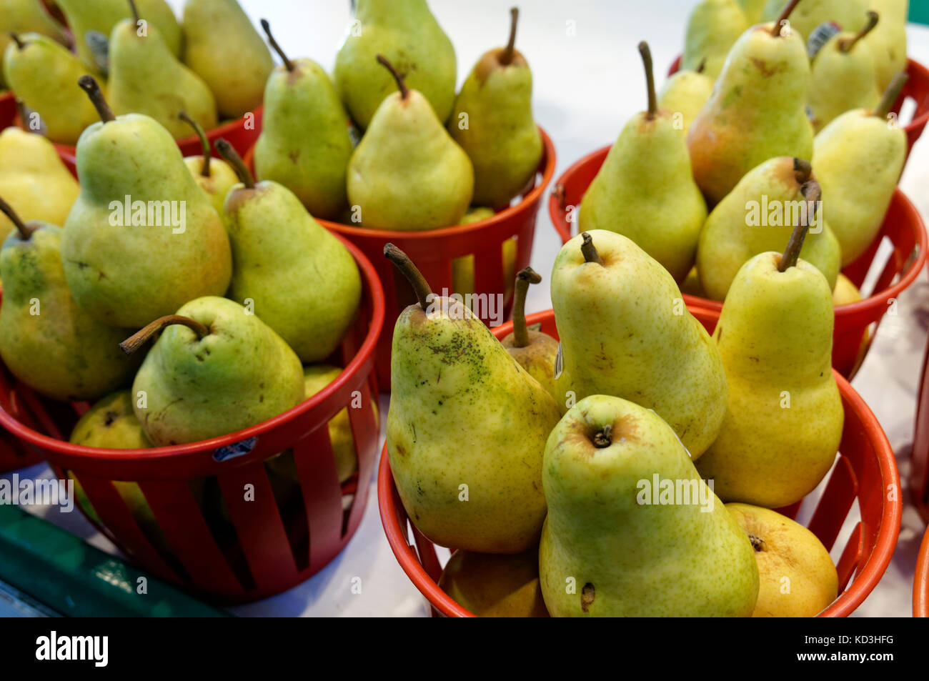 Paniers de poires cultivées au Québec en vente dans le public ou le Marché Jean Talon Marche Jean Talon, Montréal, Québec, Canada Banque D'Images