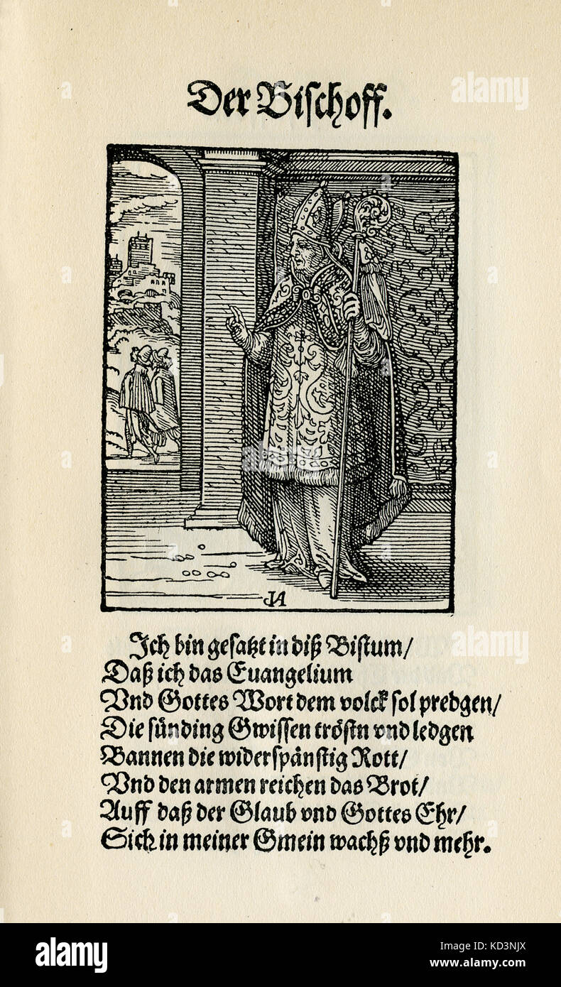 L'Evêque (der Bischoff), du Livre des métiers / Das Standebuch (Panoplia omnium illiberalium mécanicarum...), Collection de coupures de bois par Jost Amman (13 juin 1539 -17 mars 1591), 1568 avec l'accompagnement rhyme par Hans Sachs (5 novembre 1494 - 19 janvier 1576) Banque D'Images