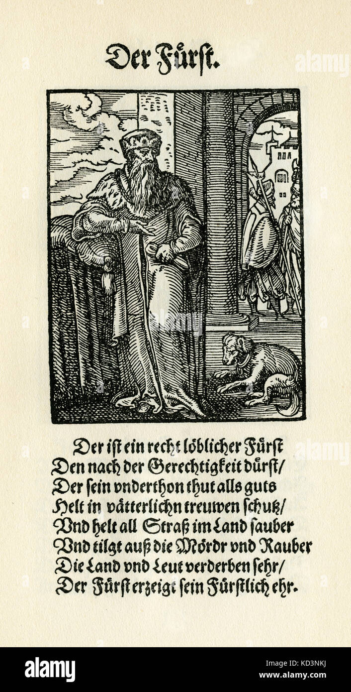 prince souverain / Furst (titre féodal allemand au pouvoir) du Livre des métiers / Das Standebuch (Panoplia omnium illiberalium mechanicarum...), Collection de coupures de bois par Jost Amman (13 juin 1539 -17 mars 1591), 1568 avec rhyme accompagné par Hans Sachs (5 novembre 1494 - 19 janvier 1576) Banque D'Images