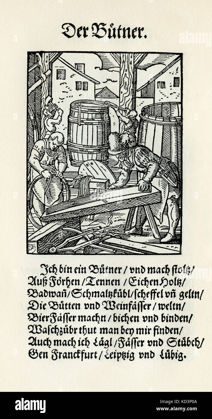 Cooper / fabricant de tonneaux (der Buttner / Kufer), du Livre des métiers / Das Standebutch (Panoplia omnium illiberalium mécanicarum...), Collection de coupures de bois par Jost Amman (13 juin 1539 -17 mars 1591), 1568 avec rhyme accompagné par Hans Sachs (5 novembre 1494 - 19 janvier 1576) Banque D'Images