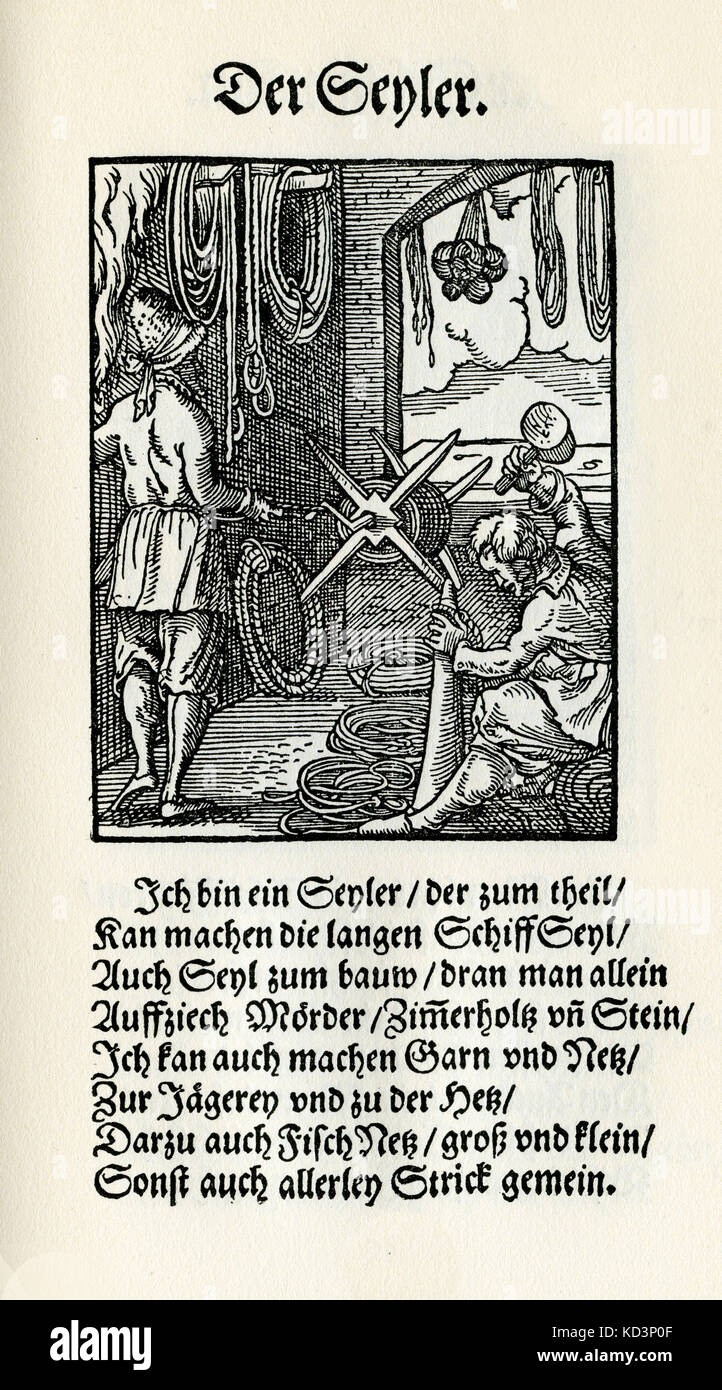 Fabricant de cordes (der Seiler / Seyler), du Livre des métiers / Das Standebuch (Panoplia omnium illiberalium mechanicarum...), Collection de coupes de bois par Jost Amman (13 juin 1539 -17 mars 1591), 1568 avec rhyme accompagné par Hans Sachs (5 novembre 1494 - 19 janvier 1576) Banque D'Images