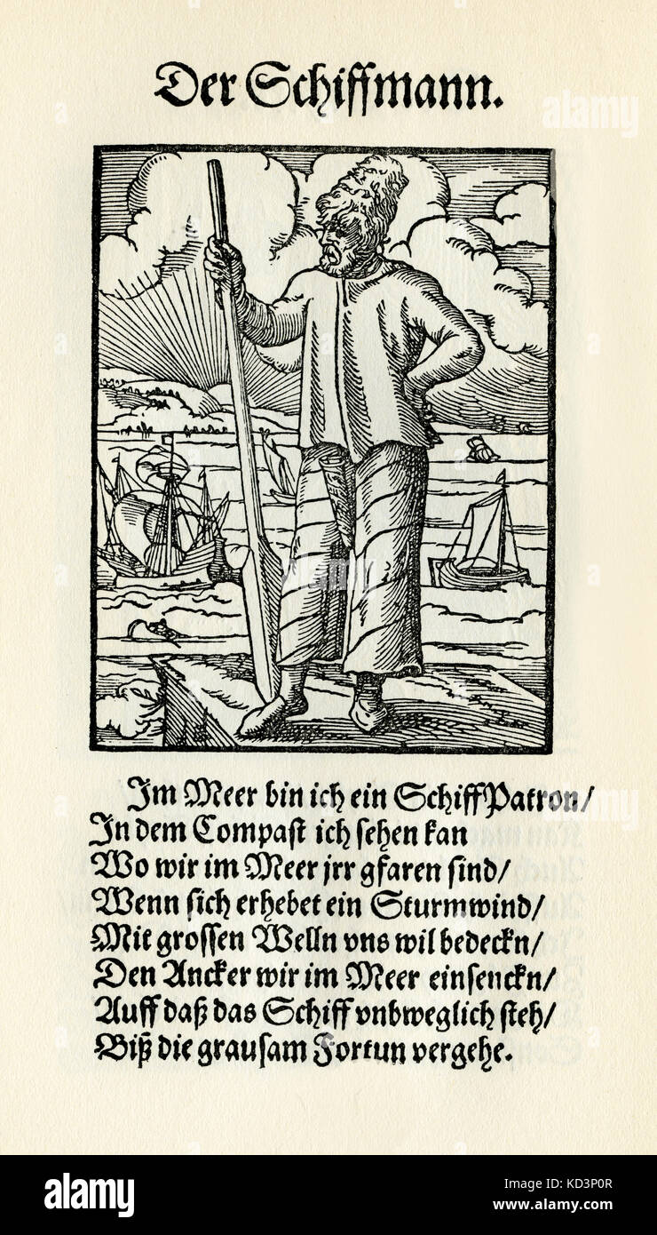 Marin (der Schiffmann / Schiffer), du Livre des métiers / Das Standebuch (Panoplia omnium illiberalium mécanicarum...), Collection de coupures de bois par Jost Amman (13 juin 1539 -17 mars 1591), 1568 avec rhyme accompagné par Hans Sachs (5 novembre 1494 - 19 janvier 1576) Banque D'Images