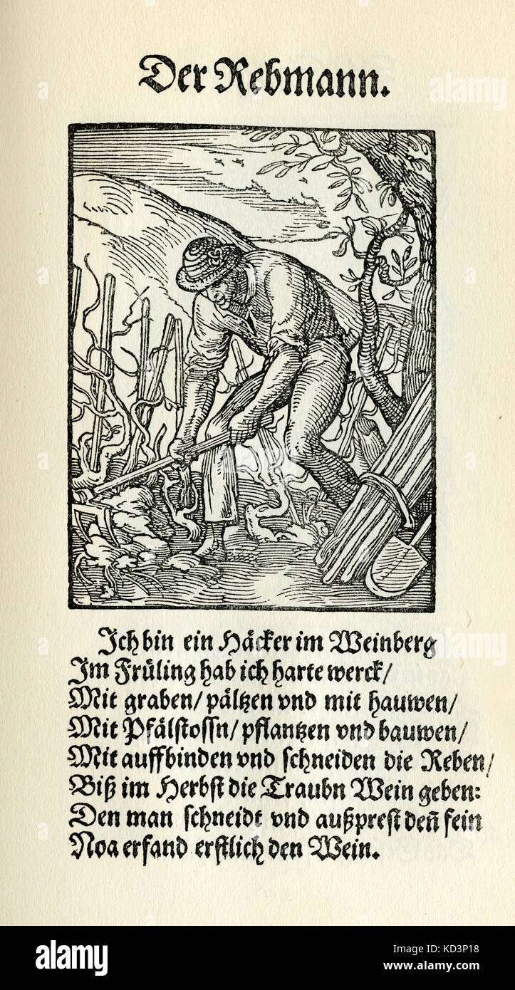 Vintner / viticulteurs (der Rebmann / Winzer), du Livre des métiers / Das Standebuch (Panoplia omnium illiberalium mechancicarum...), Collection de coupures de bois par Jost Amman (13 juin 1539 -17 mars 1591), 1568 avec rhyme accompagné par Hans Sachs (5 novembre 1494 - 19 janvier 1576) Banque D'Images