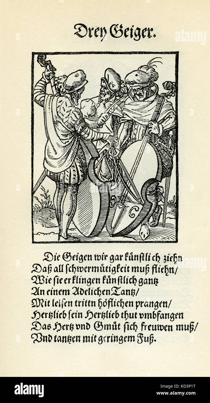 Trois musiciens jouant des instruments à cordes - viol / vielle (drei Geiger), du Livre des métiers / Das Standebug (Panoplia omnium illiberalium mécanicarum...), Collection de coupures de bois par Jost Amman (13 juin 1539 - 17 mars 1591), 1568 avec rhyme accompagné par Hans Sachs (5 novembre 1494 - 19 janvier 1576) Banque D'Images