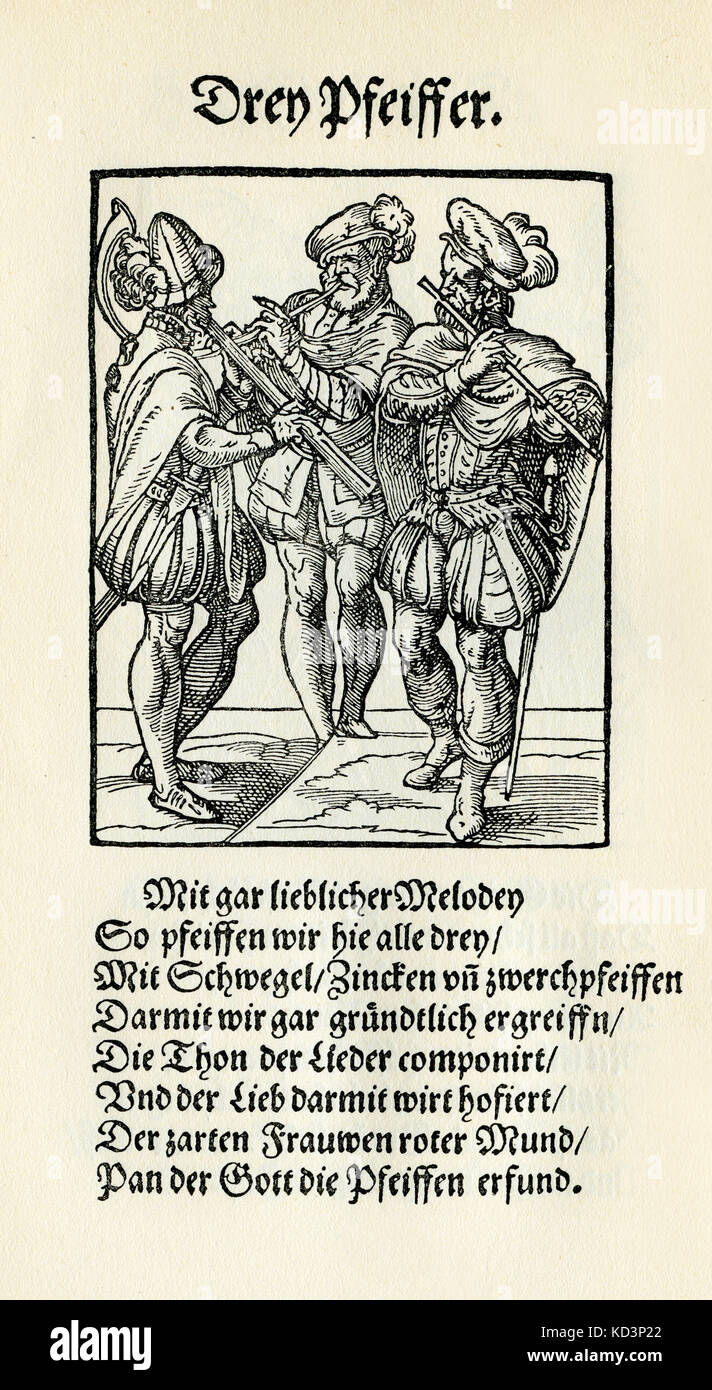 Trois musiciens jouant des pipes (drei Pfeiffer), du Livre des métiers / Das Standebuch (Panoplia omnium illiberalium mechanicarum...), Collection de coupures de bois par Jost Amman (13 juin 1539 -17 mars 1591), 1568 avec le rhyme accompagnant par Hans Sachs (5 novembre 1494 - 19 janvier 1576) Banque D'Images