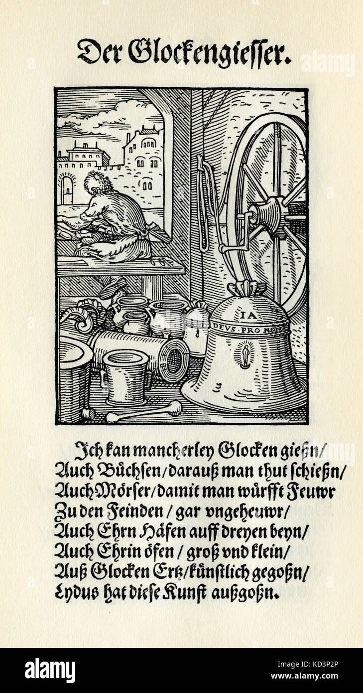 Bell Maker (der Glockengiesser), du Livre des métiers / Das Standebuch (Panoplia omnium illiberalium mechanicarum...), Collection de coupes de bois par Jost Amman (13 juin 1539 -17 mars 1591), 1568 avec rhyme accompagné par Hans Sachs (5 novembre 1494 - 19 janvier 1576) Banque D'Images