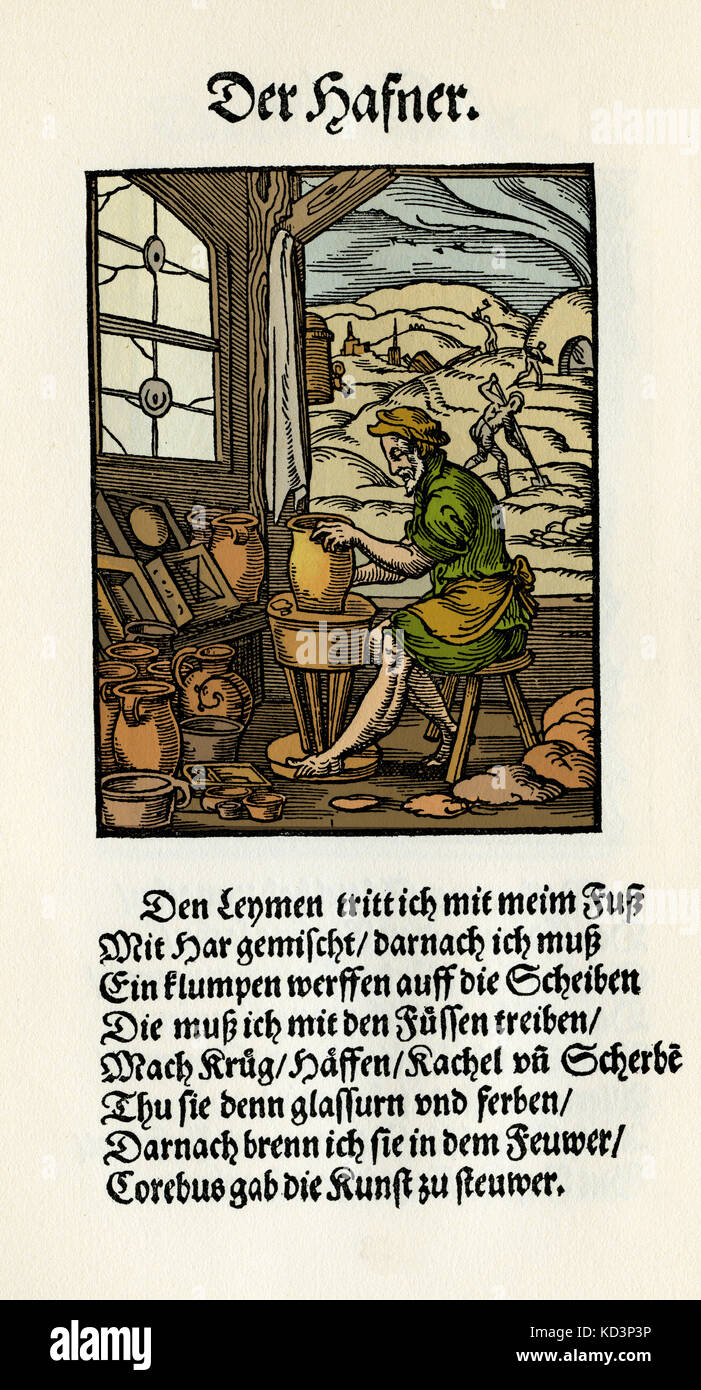 Potter (der Hafner / Topfer), du Livre des métiers / Das Standebuch (Panoplia omnium illiberalium mécanicarum...), Collection de boisés par Jost Amman (13 juin 1539 -17 mars 1591), 1568 avec rhyme accompagné par Hans Sachs (5 novembre 1494 - 19 janvier 1576) Banque D'Images