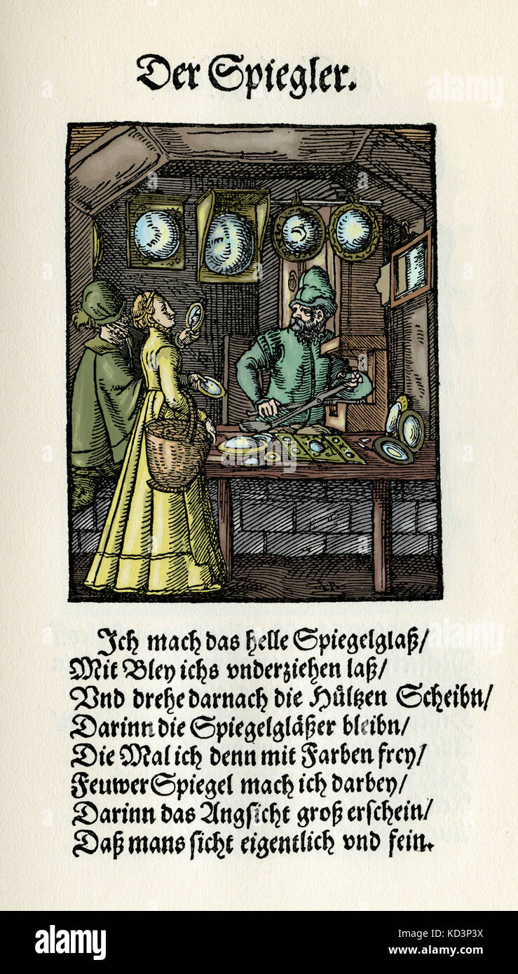 Miroir (der Spiegler), du Livre des métiers / Das Standebuch (Panoplia omnium illiberalium mécanicarum...), Collection de boisés par Jost Amman (13 juin 1539 -17 mars 1591), 1568 avec rhyme accompagné par Hans Sachs (5 novembre 1494 - 19 janvier 1576) Banque D'Images