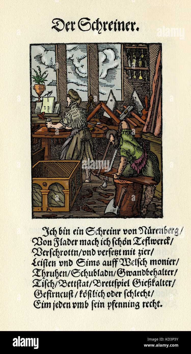 Menuisier / ébéniste (der Schreiner), du Livre des métiers / Das Standebuch (Panoplia omnium illiberalium mechanicarum...), Collection de boisés par Jost Amman (13 juin 1539 -17 mars 1591), 1568 avec rhyme accompagné par Hans Sachs (5 novembre 1494 - 19 janvier 1576) Banque D'Images