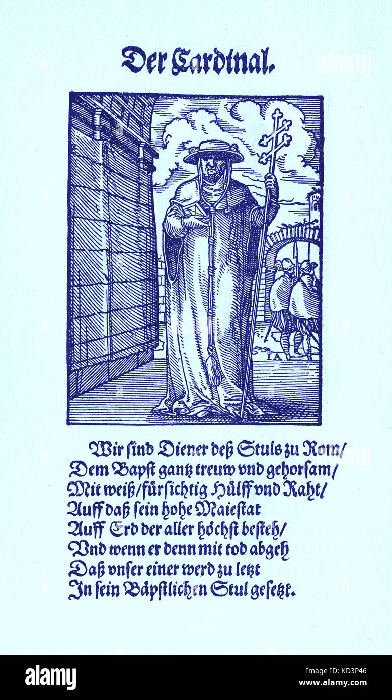 Le Cardinal (der Cardinal), du Livre des métiers / Das Standebuch (Panoplia omnium illiberalium mécanicicarum...), Collection de boisés par Jost Amman (13 juin 1539 -17 mars 1591), 1568 avec le rhyme accompagnant par Hans Sachs (5 novembre 1494 - 19 janvier 1576) Banque D'Images