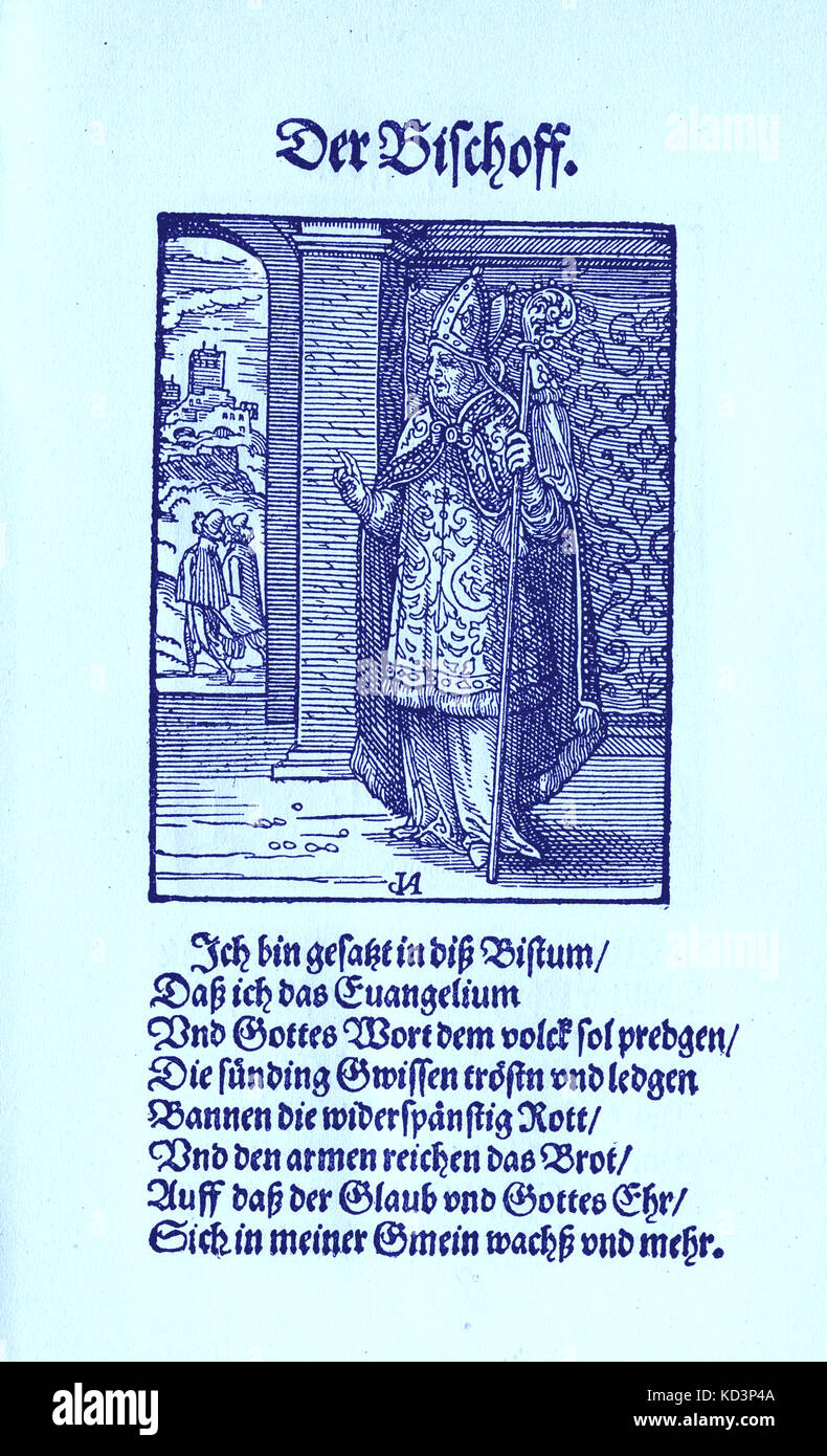 L'Evêque (der Bischoff), du Livre des métiers / Das Standebuch (Panoplia omnium illiberalium mécanicarum...), Collection de coupures de bois par Jost Amman (13 juin 1539 -17 mars 1591), 1568 avec l'accompagnement rhyme par Hans Sachs (5 novembre 1494 - 19 janvier 1576) Banque D'Images