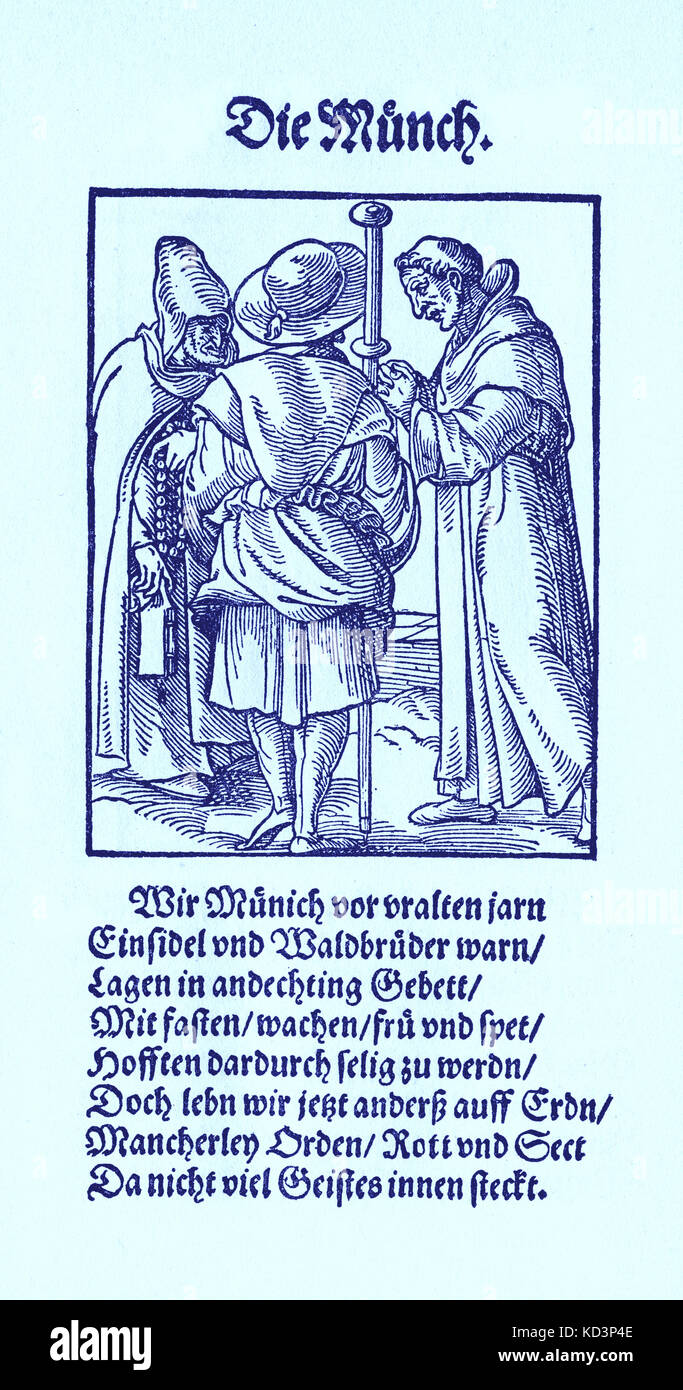 Le moine (die Monch) du Livre des métiers / Das Standebuch (Panoplia omnium illiberalium mécanicarum...), Collection de coupures de bois par Jost Amman (13 juin 1539 -17 mars 1591), 1568 accompagné de rhyme by Hans Sachs (5 novembre 1494 - 19 janvier 1576) Banque D'Images