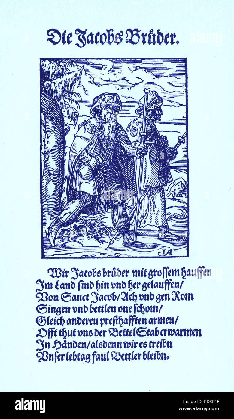Pèlerins de Saint-Jacques-de-Compostelle (frères de Jacob / die Jacobbruder), du Livre des métiers / Das Standebuch (Panoplia omnium illiberalium mécanicarum...), Collection de coupures de bois par Jost Amman (13 juin 1539 - 17 mars 1591), 1568 avec rhyme accompagné par Hans Sachs (5 novembre 1494 - 19 janvier 1576) Banque D'Images