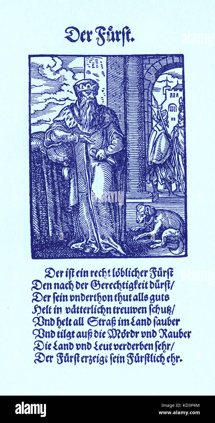 prince souverain / Furst (titre féodal allemand au pouvoir) du Livre des métiers / Das Standebuch (Panoplia omnium illiberalium mechanicarum...), Collection de coupures de bois par Jost Amman (13 juin 1539 -17 mars 1591), 1568 avec rhyme accompagné par Hans Sachs (5 novembre 1494 - 19 janvier 1576) Banque D'Images