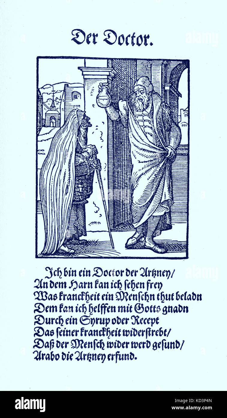 Le docteur (der Doctor), de Das Standebuch, (Panoplia omnium illiberalium mécanicarum..., Livre des métiers) Collection de coupures de bois par Jost Amman (13 juin 1539 -17 mars 1591), 1568 avec le rhyme accompagnant par Hans Sachs (5 novembre 1494 - 19 janvier 1576) Banque D'Images