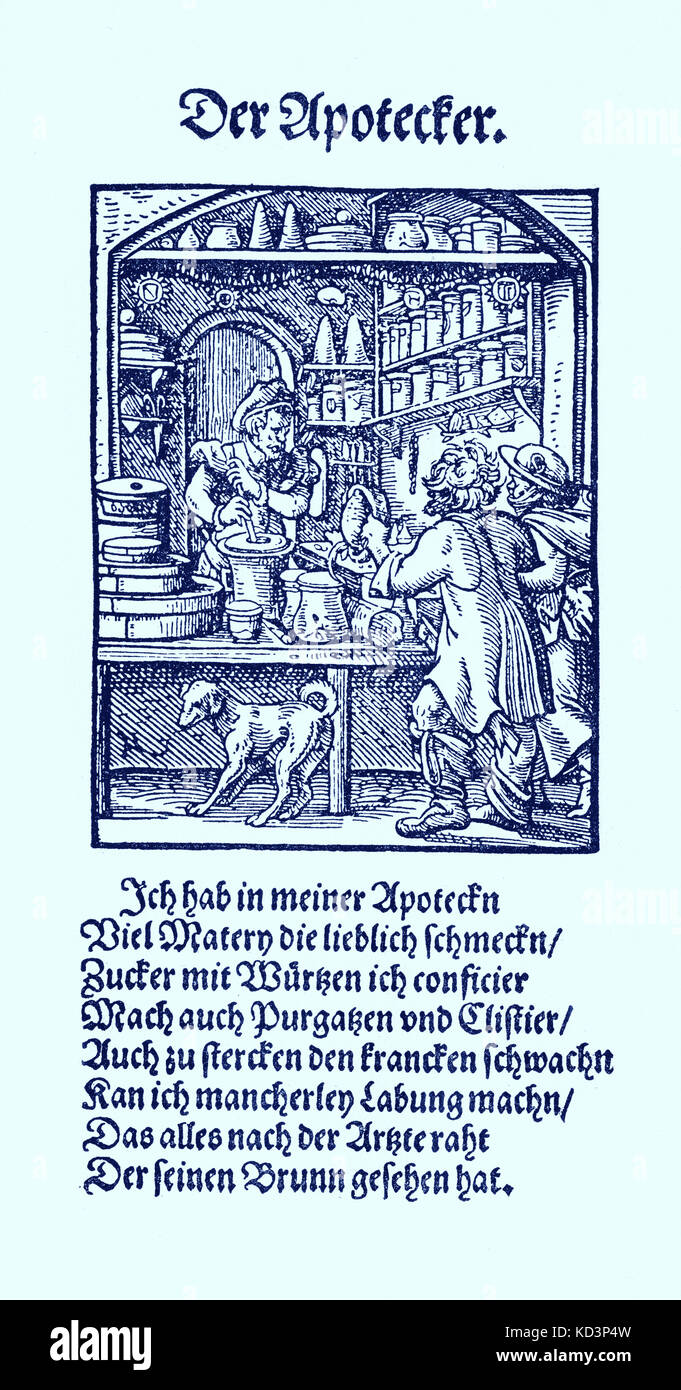 L'apothecaire (der Apotheker) du Livre des métiers / Das Standebuch (Panoplia omnium illiberalium mechanicarum...), Collection de coupures de bois par Jost Amman (13 juin 1539 -17 mars 1591), 1568 avec le rhyme accompagnant par Hans Sachs (5 novembre 1494 - 19 janvier 1576) Banque D'Images
