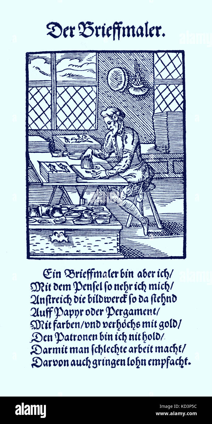 Illuminateur (der Briefmaler / Brieffmaler), du Livre des métiers / Das Standebuch (Panoplia omnium illiberalium mechancicarum...), Collection de coupures de bois par Jost Amman (13 juin 1539 -17 mars 1591), 1568 avec rhyme accompagné par Hans Sachs (5 novembre 1494 - 19 janvier 1576) Banque D'Images