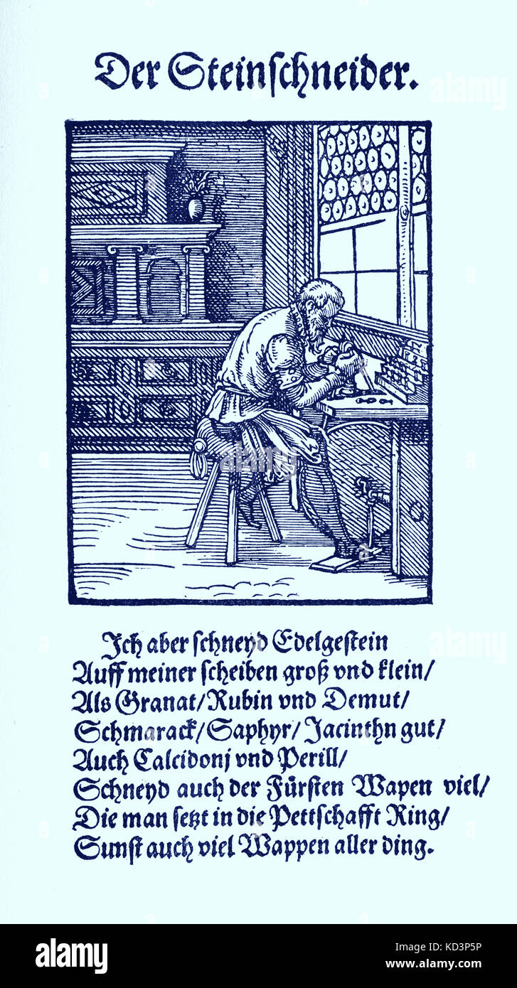 Coupe-pierres précieuses (der Steinschneider), du Livre des métiers / Das Standebuch (Panoplia omnium illiberalium mécanicarum...), Collection de boisés par Jost Amman (13 juin 1539 -17 mars 1591), 1568 avec rhyme accompagné par Hans Sachs (5 novembre 1494 - 19 janvier 1576) Banque D'Images