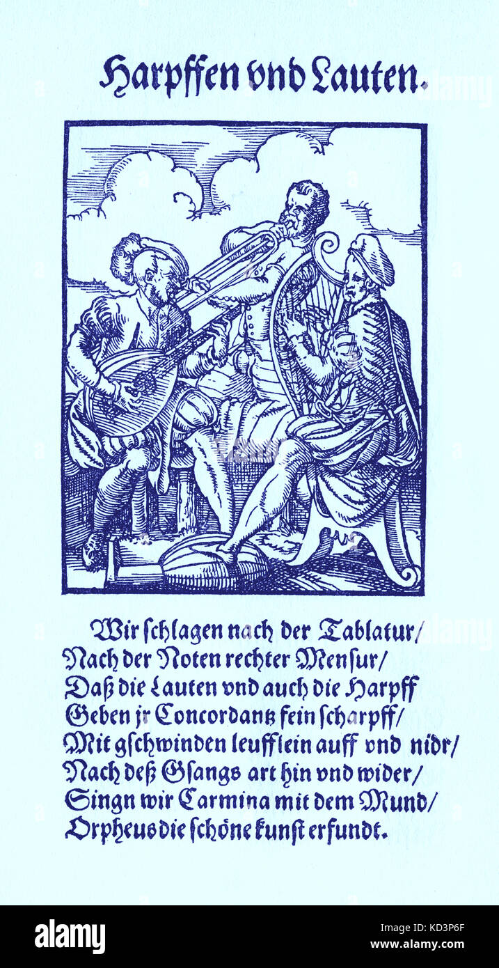 Joueurs de harpe et de luth (Harpfen und Lauten), du Livre des métiers / Das Standebuch (Panoplia omnium illiberalium mécanicarum...), Collection de coupures de bois par Jost Amman (13 juin 1539 -17 mars 1591), 1568 avec rhyme accompagné par Hans Sachs (5 novembre 1494 - 19 janvier 1576) Banque D'Images