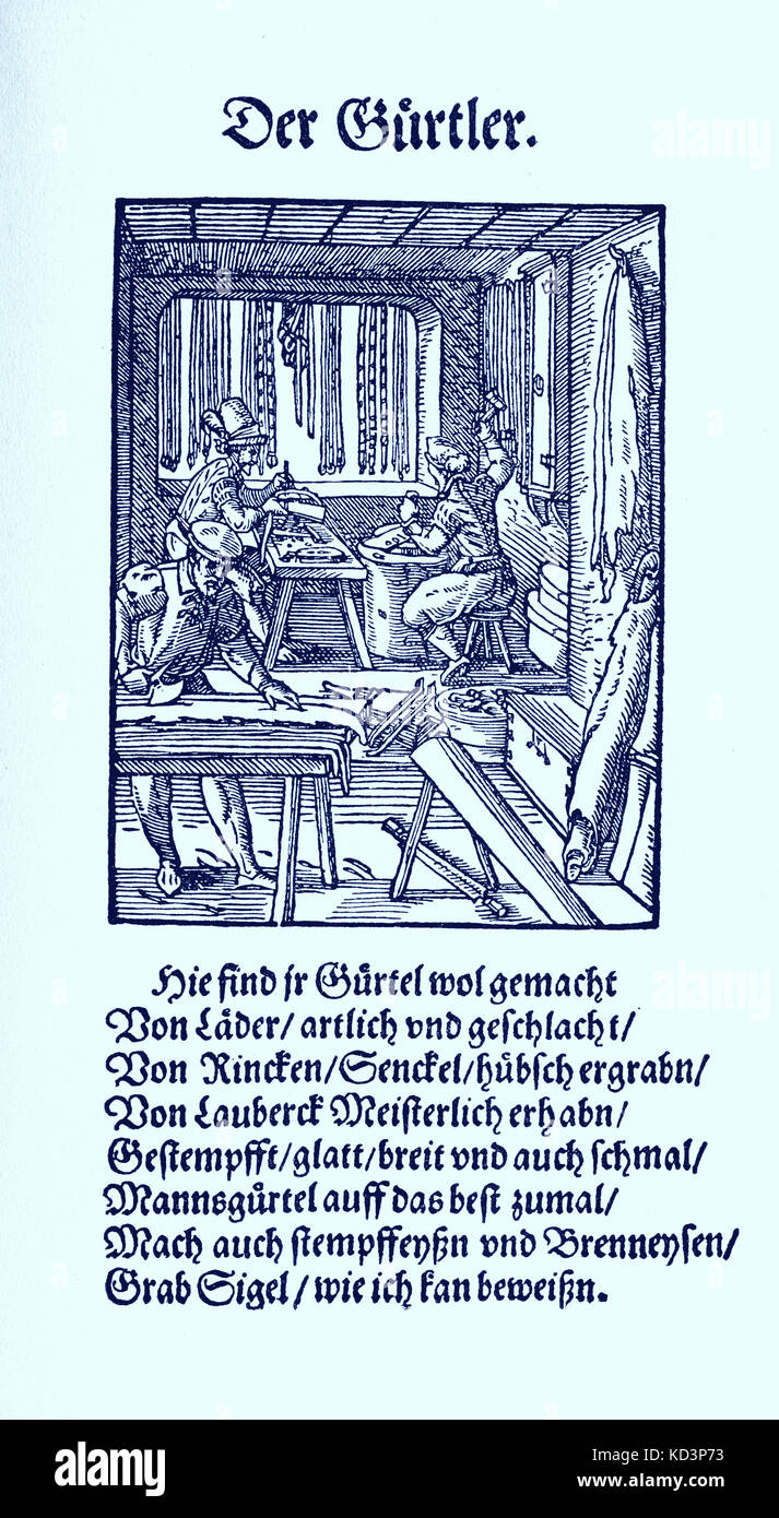Fabricant de tapis (der Gurtler), du Livre des métiers / Das Standebuch (Panoplia omnium illiberalium mécanicarum...), Collection de boisés par Jost Amman (13 juin 1539 -17 mars 1591), 1568 avec rhyme accompagné par Hans Sachs (5 novembre 1494 - 19 janvier 1576) Banque D'Images