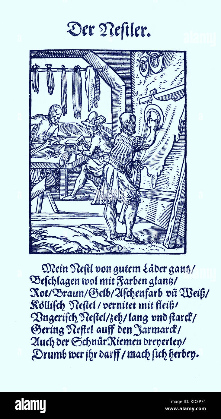 Fabricant de lacets en cuir (der Nestler), du Livre des métiers / Das Standebuch (Panoplia omnium illiberalium mechanicarum...), Collection de boisés par Jost Amman (13 juin 1539 -17 mars 1591), 1568 avec rhyme accompagné par Hans Sachs (5 novembre 1494 - 19 janvier 1576) Banque D'Images