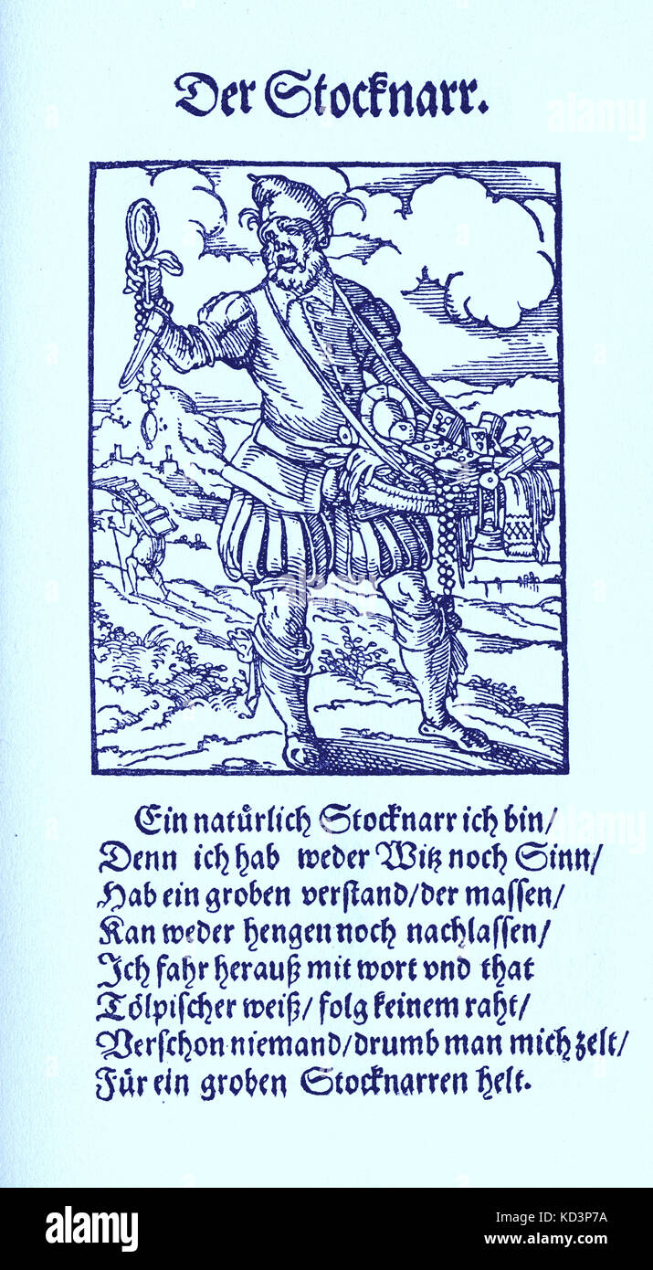 Fool / jester (der Stocknarr), du Livre des métiers / Das Standebuch (Panoplia omnium illiberalium mécanicarum...), Collection de coupures de bois par Jost Amman (13 juin 1539 -17 mars 1591), 1568 avec rhyme accompagné par Hans Sachs (5 novembre 1494 - 19 janvier 1576) Banque D'Images