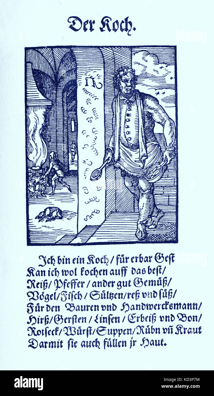 Cuisinier (der Koch), du Livre des métiers / Das Standebuch (Panoplia omnium illiberalium mechancicarum...), Collection de boisés par Jost Amman (13 juin 1539 -17 mars 1591), 1568 accompagné de rhyme by Hans Sachs (5 novembre 1494 - 19 janvier 1576) Banque D'Images