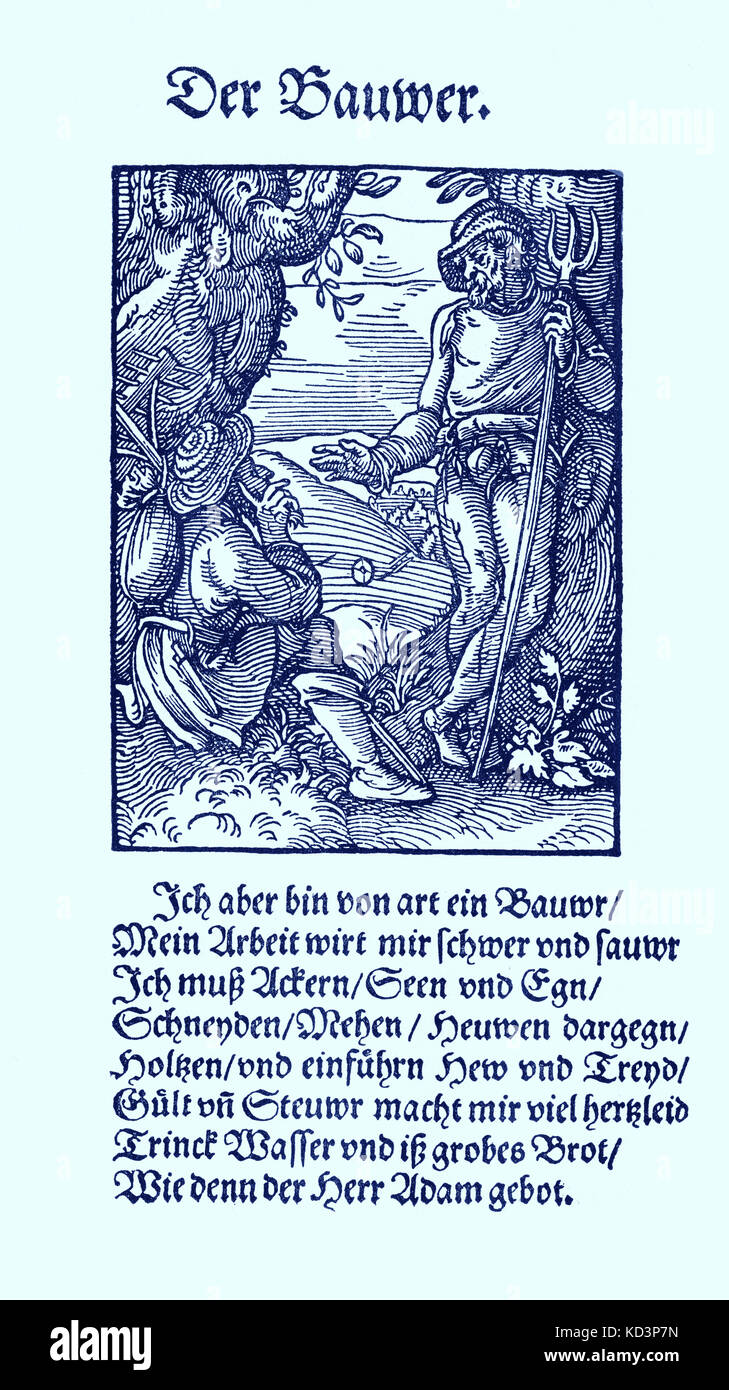 Farmer (der Bauer), du Livre des métiers / Das Standebuch (Panoplia omnium illiberalium mechancicarum...), Collection de boisés par Jost Amman (13 juin 1539 -17 mars 1591), 1568 avec le rhyme accompagnant par Hans Sachs (5 novembre 1494 - 19 janvier 1576) Banque D'Images