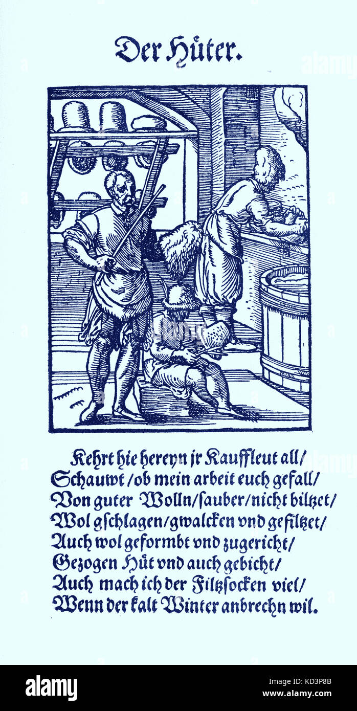 Milliner / chapeau (der Huter), du Livre des métiers / Das Standebuch (Panoplia omnium illiberalium mécanicarum...), Collection de boisés par Jost Amman (13 juin 1539 -17 mars 1591), 1568 avec rhyme accompagné par Hans Sachs (5 novembre 1494 - 19 janvier 1576) Banque D'Images