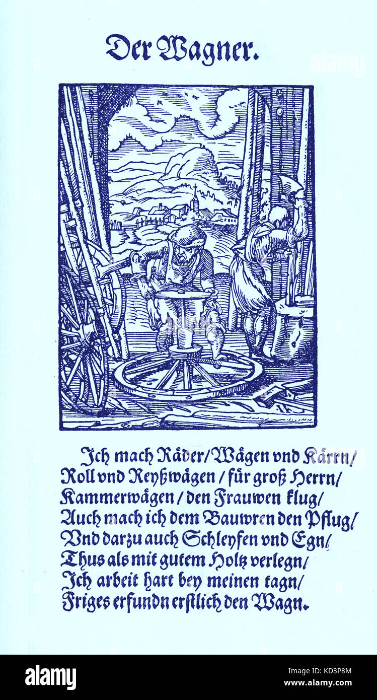 Constructeur de wagons (der Wagner) du Livre des métiers / Das Standebuch (Panoplia omnium illiberalium mechanicarum...), Collection de boisés par Jost Amman (13 juin 1539 -17 mars 1591), 1568 avec rhyme accompagné par Hans Sachs (5 novembre 1494 - 19 janvier 1576) Banque D'Images