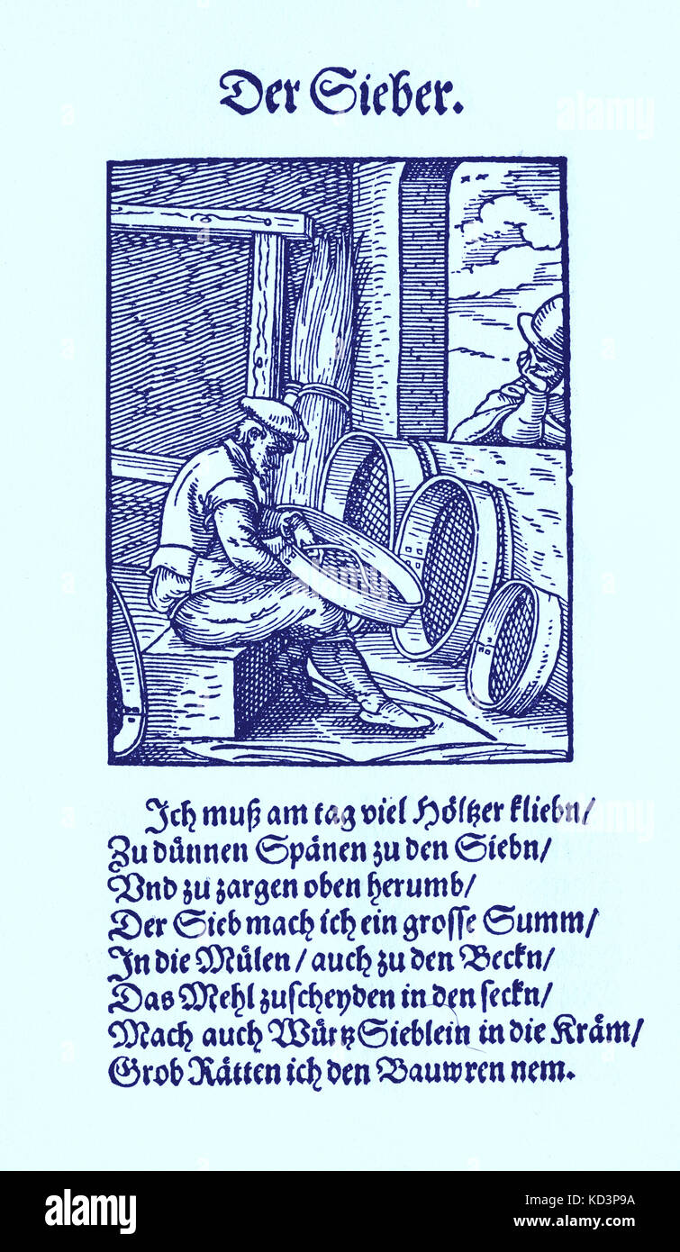 Tamiseuse (der Sieber / Siebmacher), du Livre des métiers / Das Standebuch (Panoplia omnium illiberalium mechanicarum...), Collection de coupures de bois par Jost Amman (13 juin 1539 -17 mars 1591), 1568 avec rhyme accompagné par Hans Sachs (5 novembre 1494 - 19 janvier 1576) Banque D'Images