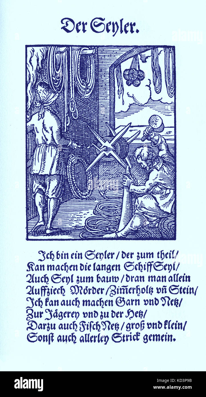 Fabricant de cordes (der Seiler / Seyler), du Livre des métiers / Das Standebuch (Panoplia omnium illiberalium mechanicarum...), Collection de coupes de bois par Jost Amman (13 juin 1539 -17 mars 1591), 1568 avec rhyme accompagné par Hans Sachs (5 novembre 1494 - 19 janvier 1576) Banque D'Images