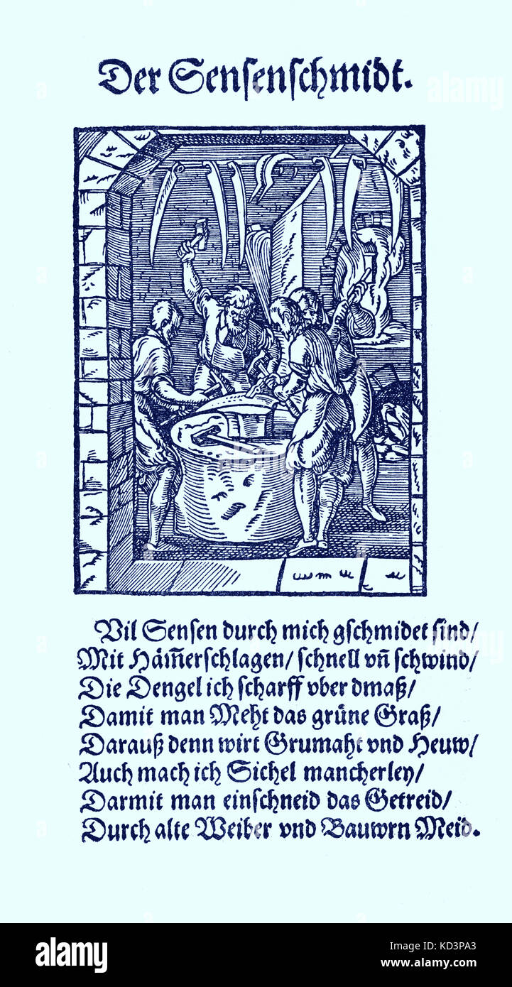 Scythe maker (der Sensenschmied / Sensenschmidt), from the Book of Trades / Das Standebuch (Panoplia omnium illiberalium mécanicarum...), Collection de boisés par Jost Amman (13 juin 1539 -17 mars 1591), 1568 avec rhyme d'accompagnement par Hans Sachs (5 novembre 1494 - 19 janvier 1576) Banque D'Images