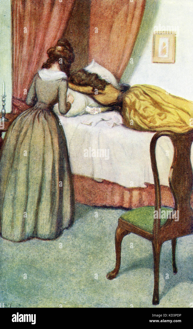 Elinor essaie de console Marianne après qu'elle apprend la vérité sur John Willoughby. Légende : « Elinor l'a vu poser sa tête de braconnage sur l'oreiller. » SENSE et Sensibilty de Jane Austen, illustration d'Alfred Wallis Mills, 1917 Banque D'Images