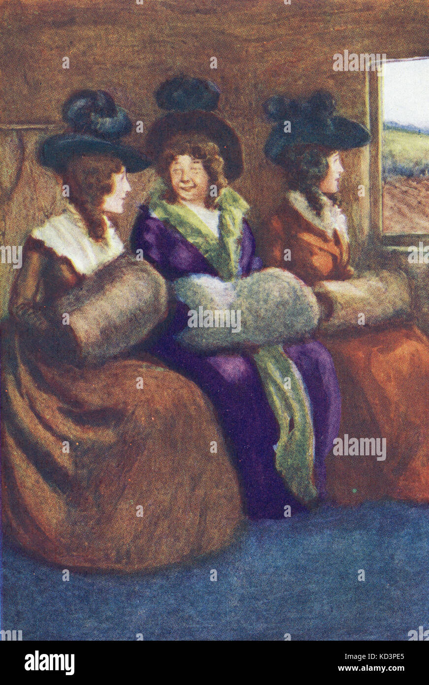 Mme Jennings et Marianne et Elinor Dashwood vont à Gray's à Londres. Légende : « arianne a consenti à sortir avec elle et Mme Jennings » Sense et Sensibilty par Jane Austen, illustration d'Alfred Wallis Mills, 1917 Banque D'Images