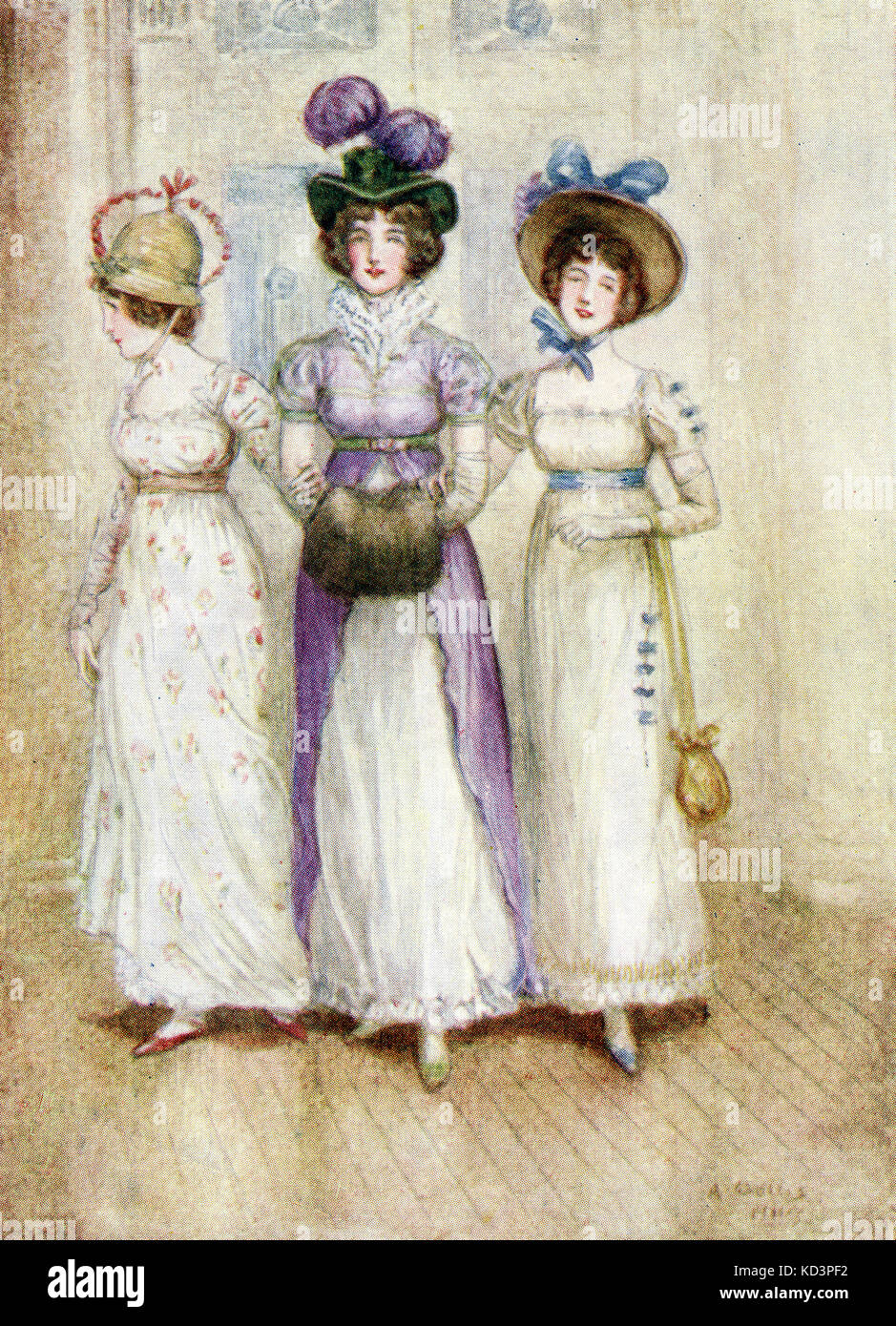 Les trois sœurs Thorpe. La légende se lit : « trois femmes élégantes » Abbaye de Northanger par Jane Austen, illustration d'Alfred Wallis Mills, 1917 Banque D'Images