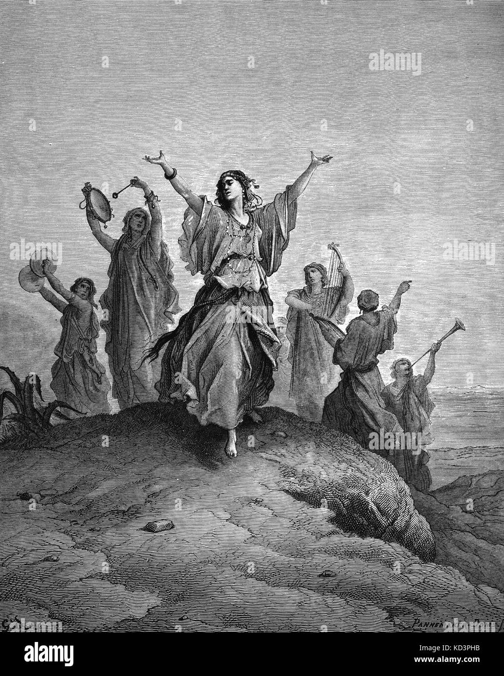 Le SISP i, fille de Jephtha, allant vers son père pour être sacrifié. Scène biblique de l'Ancien Testament Livre des Juges (Jephtha a été l'un des juges d'Israël). Gravure sur bois par Gustave Doré (1832 - 1883). L'Oratorio de Haendel : 'Jephtha" (son dernier oratorio, 1751). Le tambourin, les cymbales, lyre (harpe), klaxon et instrument à cordes. Banque D'Images