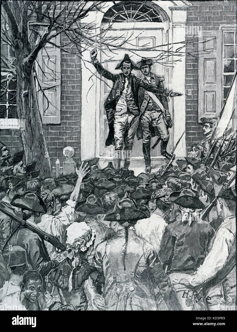 Alexander Hamilton et son ami Robert Troup sur les marches du King's College, New York City, le 10 mai 1775, tentant de dissuader une foule de New Yorkers de saisir le président de l'université, le Dr Myles Cooper, sympathisant avec les Britanniques. Illustration de Howard Pyle. Première publication 1884. Alexander Hamilton 11 janvier 1755 ou 1757 – 12 juillet 1804 - homme d'État américain et l'un des pères fondateurs des États-Unis. Banque D'Images