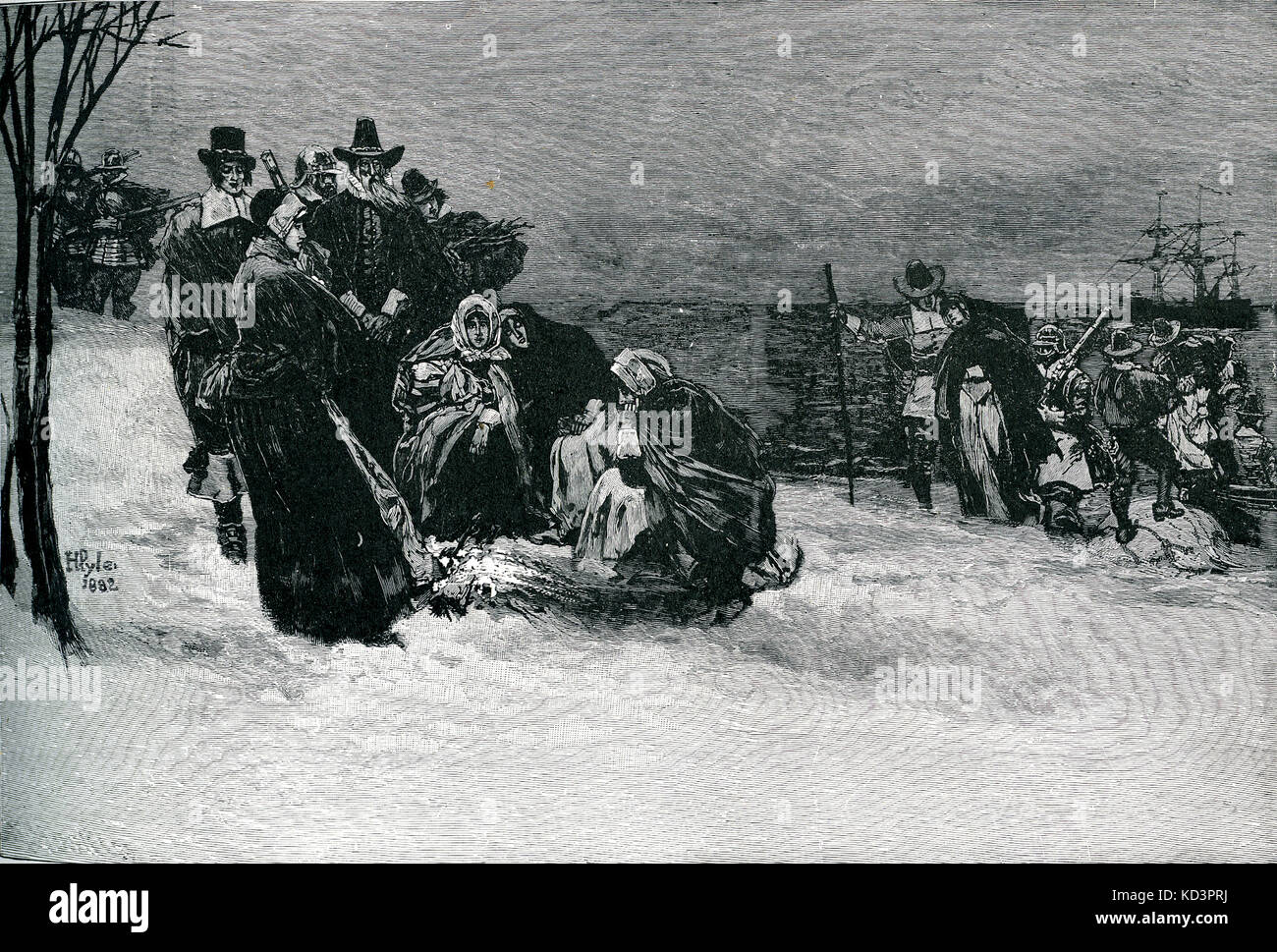 Arrivee Du Mayflower Au Cap Cod Atterrissage des pèlerins de Mayflower à Plymouth Rock, Cape Cod,  Massachusetts, 1620. Illustration de Howard Pyle, 1882 Photo Stock - Alamy