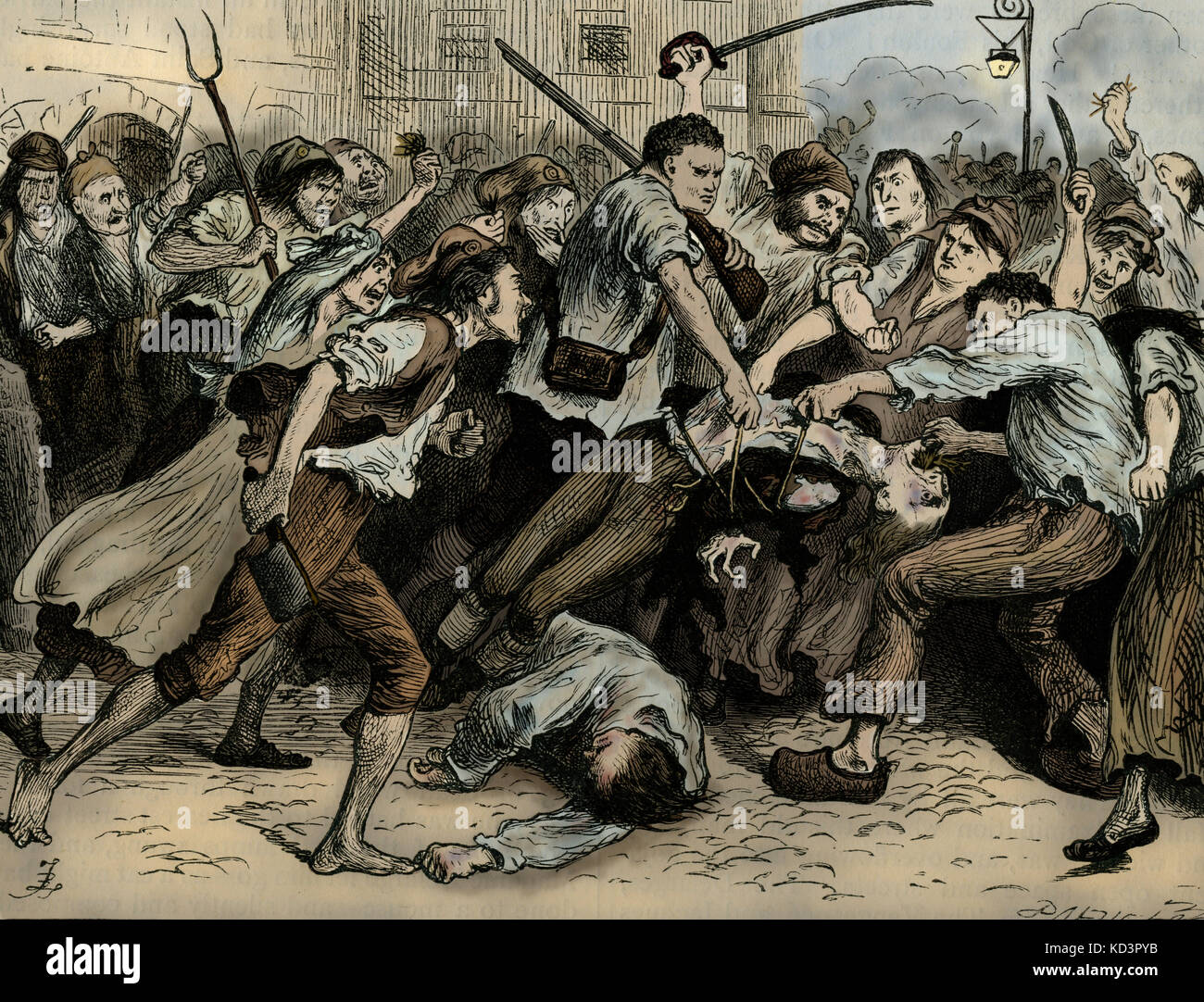 Un Tale de deux villes. Foulon de Doué (25 juin 1715–22 juillet 1789), politicien français, est attaqué et tué par pendaison et décapitation par une foule de révolutionnaires, dirigée par Madame Defarge, chapitre 12. La légende se lit : « traîné, frappé et étouffé par les petits pains d'herbe et de paille qui ont été poussée dans son visage par des centaines de mains. » Roman de Charles Dickens, romancier anglais, 7 février 1812 - 9 juin 1870. Illustration de Frederick (Fred) Barnard. Londres. Chapman et Hall. Banque D'Images Un Tale de deux villes. Foulon de Doué (25 juin 1715–22 juillet 1789), politicien français, est attaqué et tué par pendaison et décapitation par une foule de révolutionnaires, dirigée par Madame Defarge, chapitre 12. La légende se lit : « traîné, frappé et étouffé par les petits pains d'herbe et de paille qui ont été poussée dans son visage par des centaines de mains. » Roman de Charles Dickens, romancier anglais, 7 février 1812 - 9 juin 1870. Illustration de Frederick (Fred) Barnard. Londres. Chapman et Hall. Banque D'Images