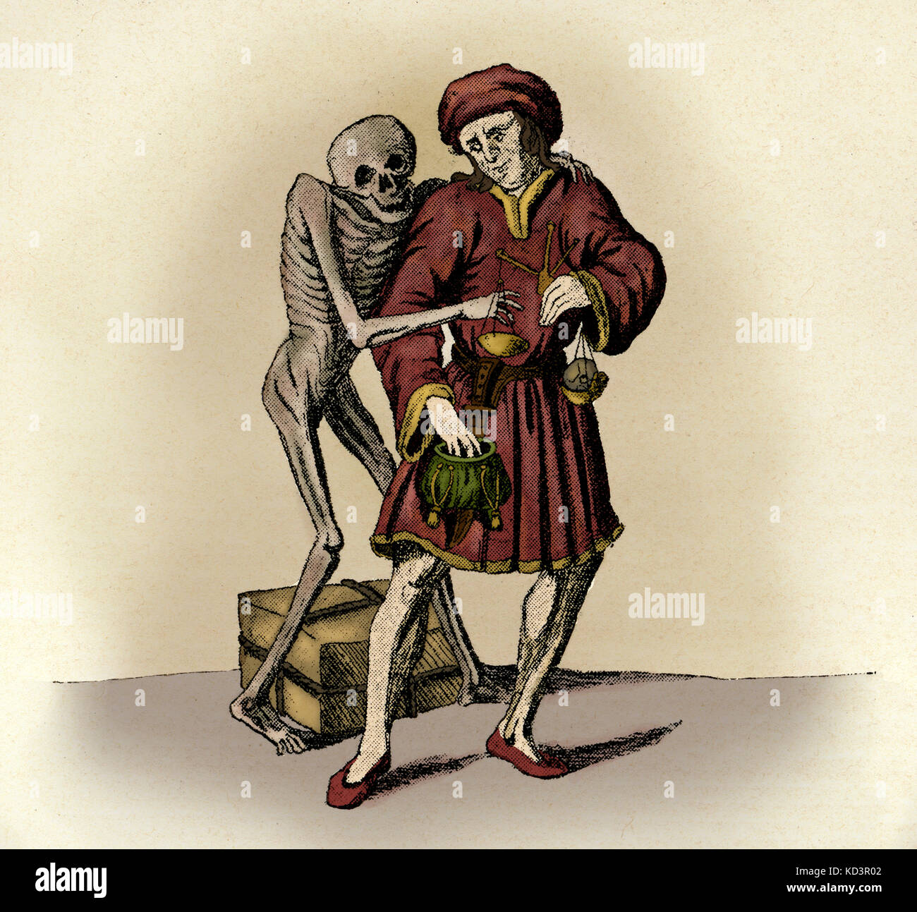 La danse de mort / Totentanz - Détail de la peinture murale memento mori peint sur le mur de la cimetière de la Predigerkirche à Bâle, en 1440, démontrant comment la mort arrive à tous. Détail montre le marchand et la mort. Baseler Totentanz / Tot von Basel Banque D'Images