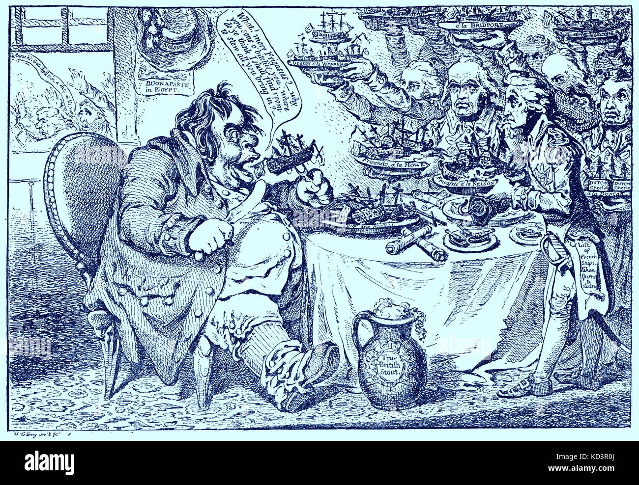 Caricature montrant John Bull en dévorant les navires français capturés a servi à lui par Lord Nelson et ses amiraux victorieux. Illustration par Gillray, 1798 Banque D'Images