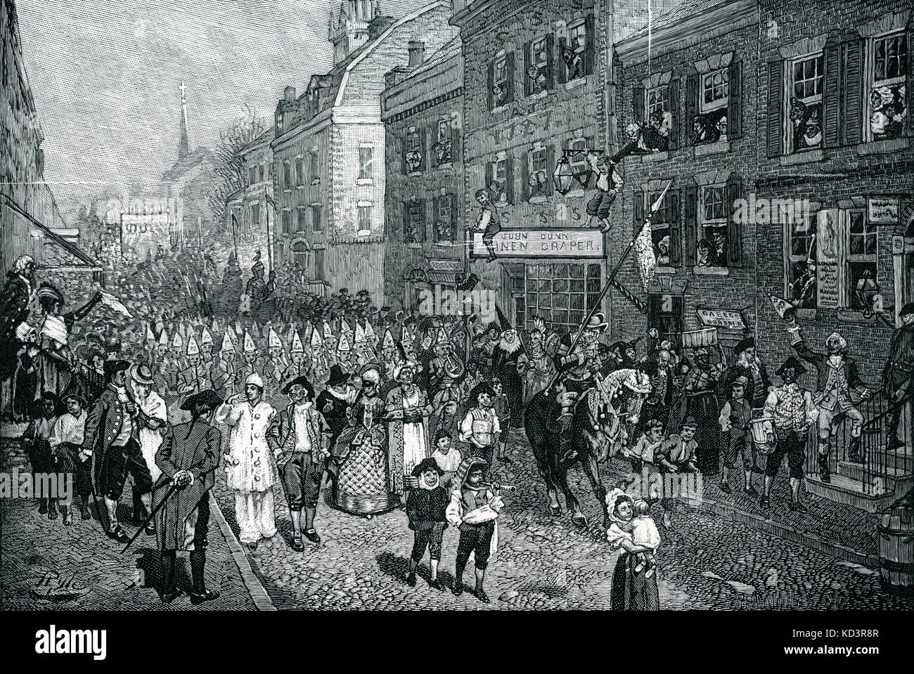 Carnaval de Lenten, Philadelphie, Amérique coloniale, 1700. Illustration de Howard Pyle, 1901 Banque D'Images