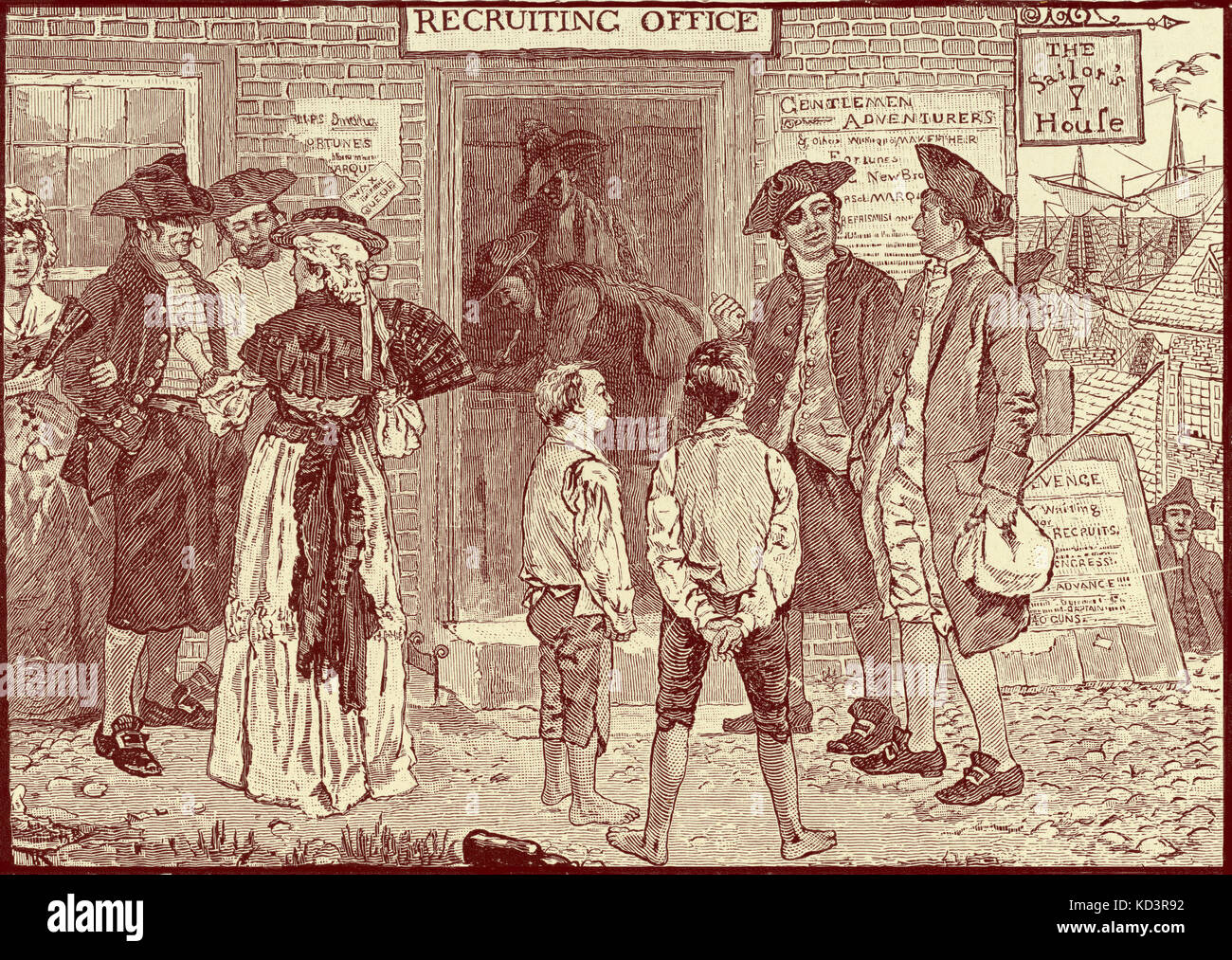 Bureau révolutionnaire de récurage pour les corsaires américains, New London, Connecticut. Révolution américaine, 1765 - 1783. Illustration de Howard Pyle, 1896 Banque D'Images