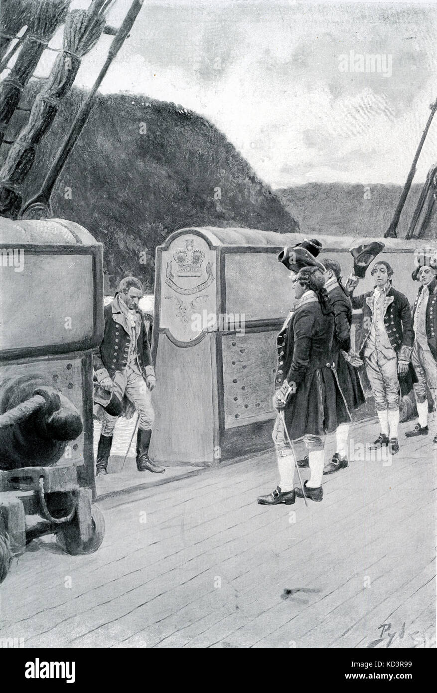 La fuite du général révolutionnaire américain Benoît Arnold (1741 - 1801) sur le navire britannique Vautour, 1780, après avoir défection aux Britanniques. Révolution américaine. Illustration de Howard Pyle, 1896 Banque D'Images