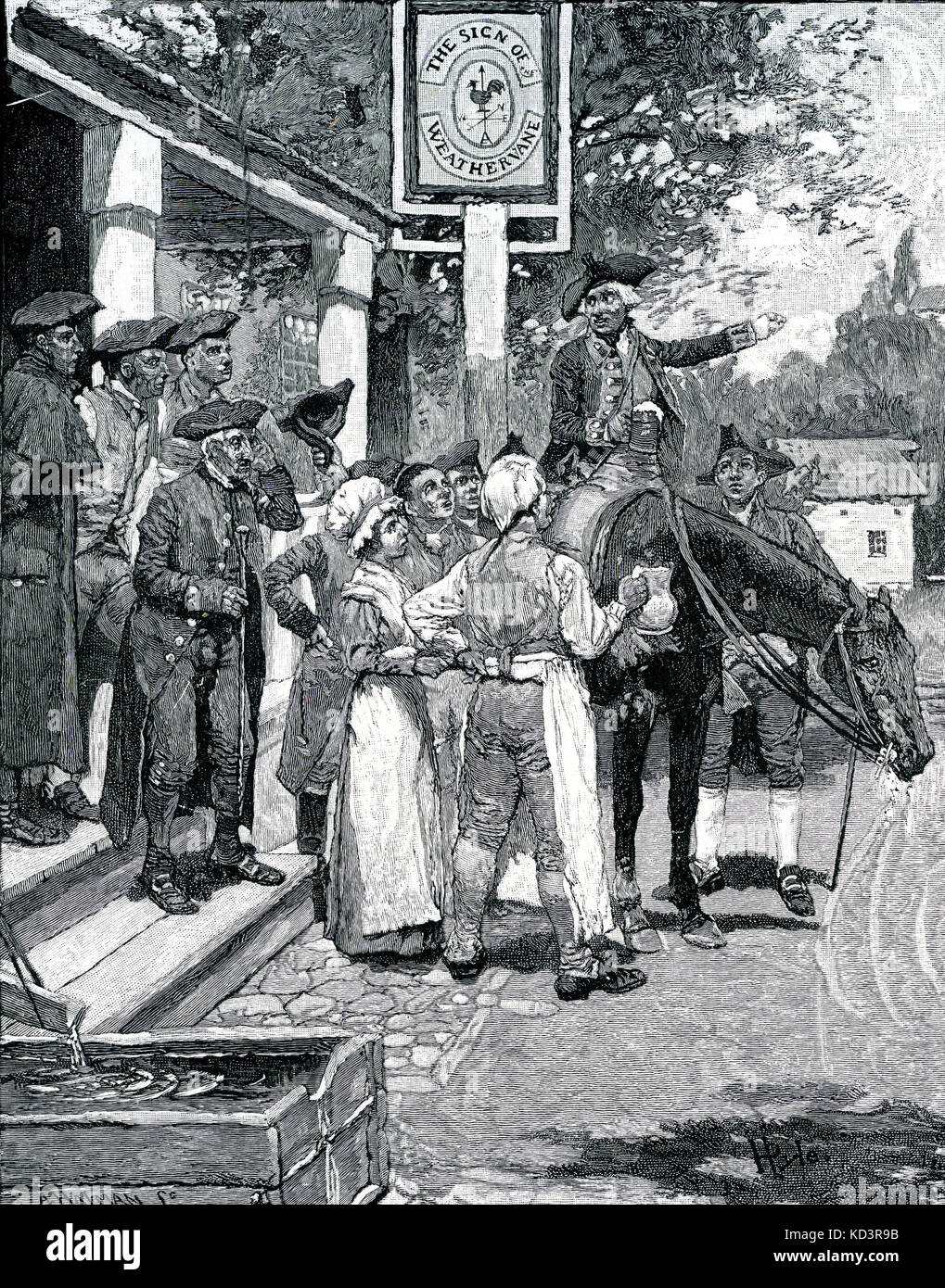 Le colonel Tench Tilghman (25 décembre 1744 – 18 avril 1786) transportant les documents de remise de la bataille de Yorktown au Congrès continental de Philadelphie, 1781, s'arrête au signe de la Weathervane pour diffuser les nouvelles de la victoire américaine. Révolution américaine. Illustration de Howard Pyle, 1896 Banque D'Images