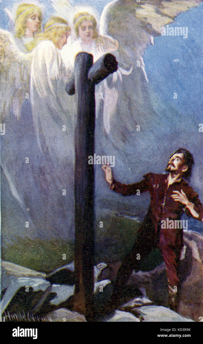 ' le progrès du Pilgrim de ce monde à celui qui doit venir sous la similitude d'un rêve ' par John Bunyan. Illustration de Harold Copping. Légende : « Christian perd son fardeau : maintenant qu'il regardait et pleurait, voici trois Shining qui lui arrivaient » (Chrisitian à la Croix) Banque D'Images