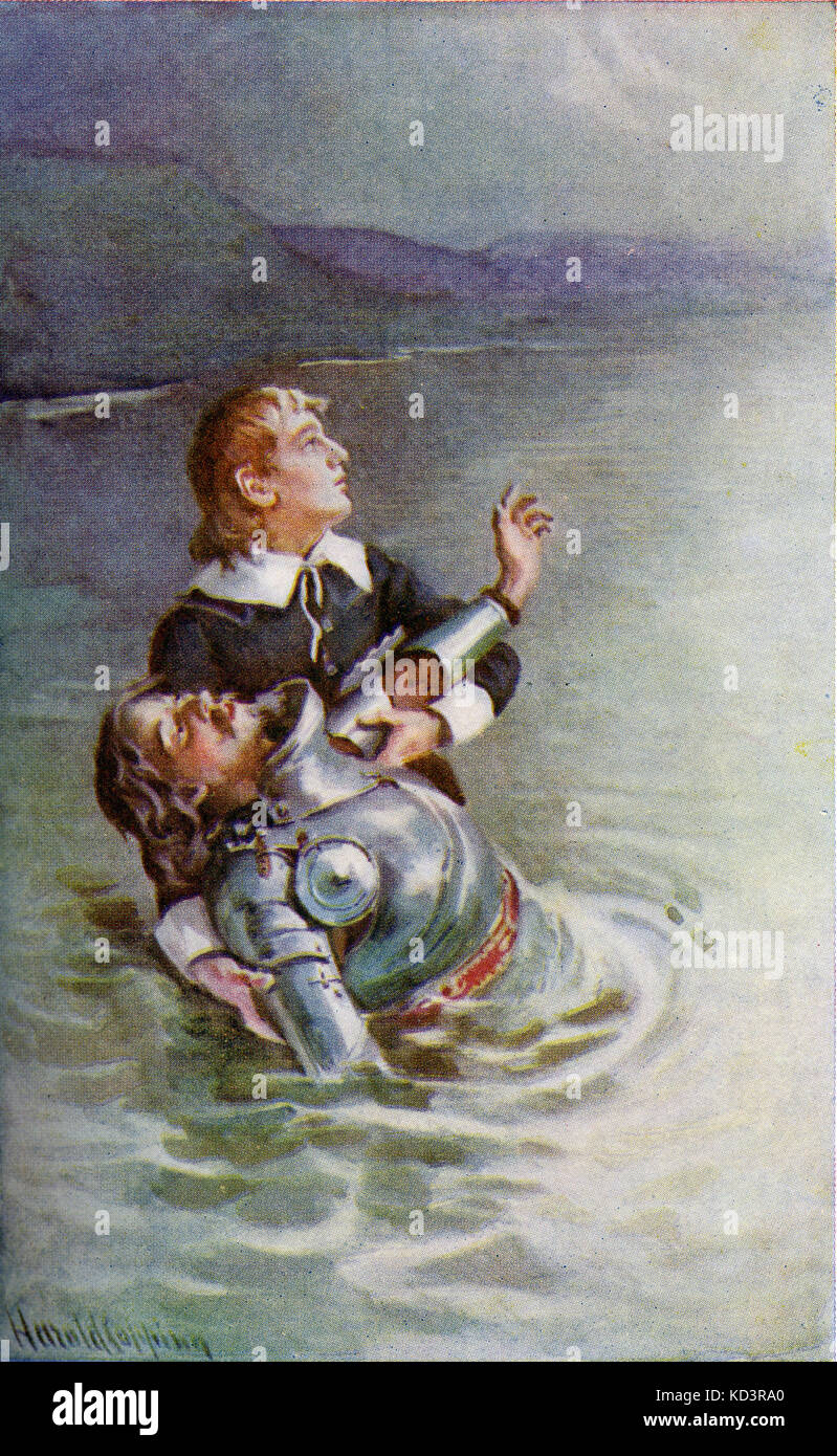 ' le progrès du Pilgrim de ce monde à celui qui doit venir sous la similitude d'un rêve ' par John Bunyan. Illustration de Harold Copping. Légende : « traverser la rivière : l'espoir s'efforcerait également de le réconforter, disant frère, je vois la porte ». Banque D'Images
